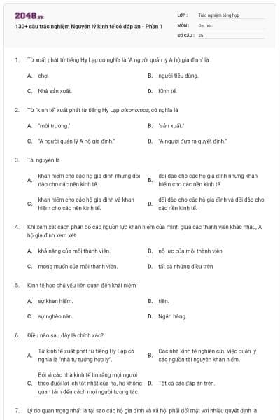 130+ câu trắc nghiệm Nguyên lý kinh tế có đáp án - Phần 1