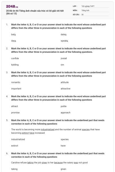 20 Đề ôn thi Tiếng Anh chuẩn cấu trúc có lời giải chi tiết (Đề số 13)