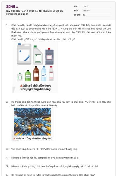 Giải SGK Hóa học 12 CTST Bài 10: Chất dẻo và vật liệu composite có đáp án