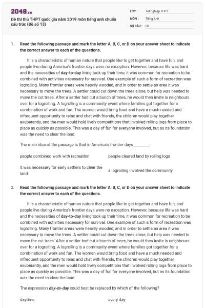 Đề thi thử THPT quốc gia năm 2019 môn tiếng anh chuẩn cấu trúc (Đề số 13)