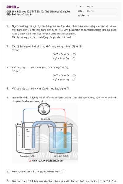 Giải SGK Hóa học 12 CTST Bài 12: Thế điện cực và nguồn điện hoá học có đáp án