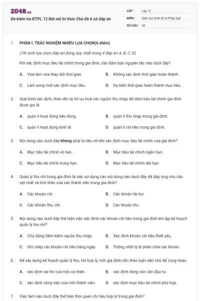 Đề kiểm tra KTPL 12 Kết nối tri thức Chủ đề 6 có đáp án