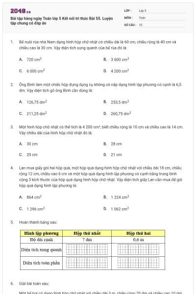 Bài tập hàng ngày Toán lớp 5 Kết nối tri thức Bài 55. Luyện tập chung có đáp án
