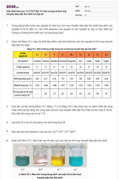 Giải SGK Hóa học 12 CTST Bài 19: Đại cương về kim loại chuyển tiếp dãy thứ nhất có đáp án