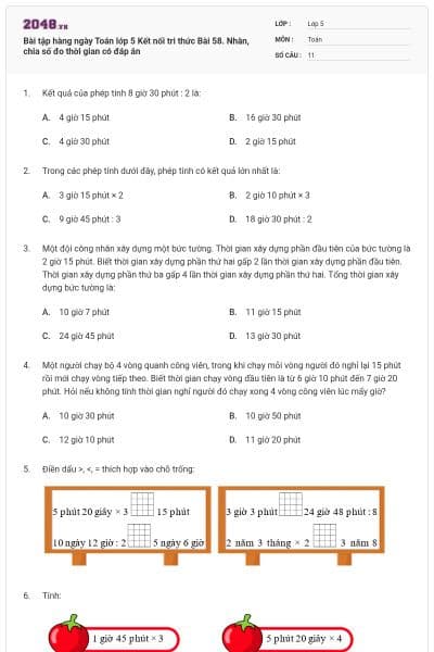 Bài tập hàng ngày Toán lớp 5 Kết nối tri thức Bài 58. Nhân, chia số đo thời gian có đáp án