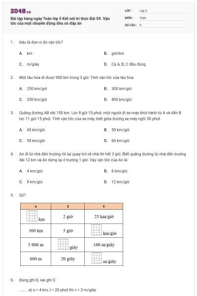 Bài tập hàng ngày Toán lớp 5 Kết nối tri thức Bài 59. Vận tốc của một chuyển động đều có đáp án