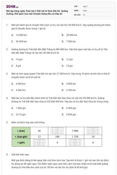 Bài tập hàng ngày Toán lớp 5 Kết nối tri thức Bài 60. Quãng đường, thời gian của một chuyển động đều có đáp án
