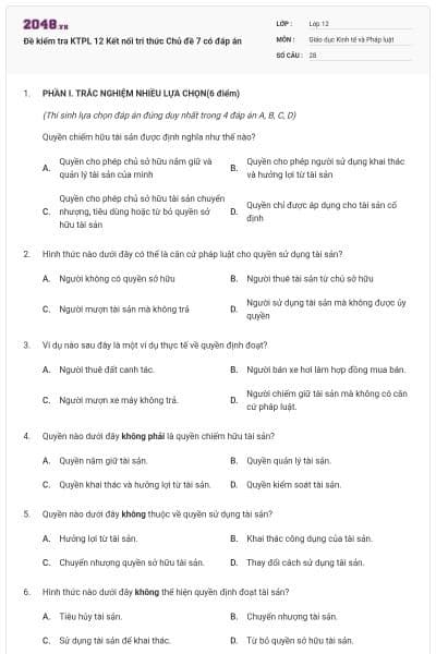 Đề kiểm tra KTPL 12 Kết nối tri thức Chủ đề 7 có đáp án