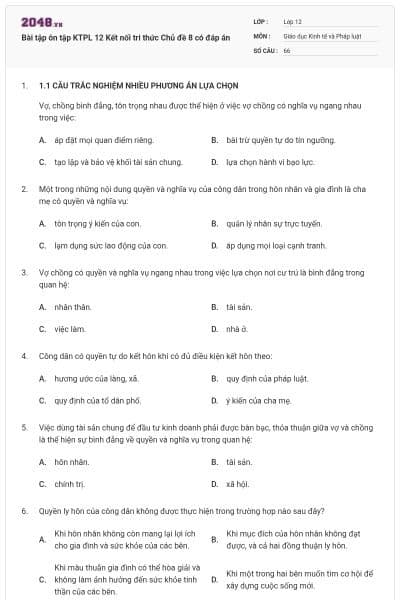 Bài tập ôn tập KTPL 12 Kết nối tri thức Chủ đề 8 có đáp án