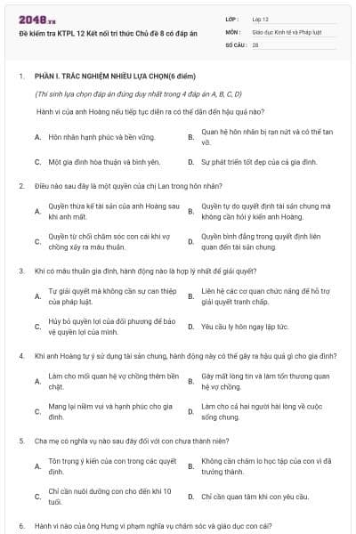 Đề kiểm tra KTPL 12 Kết nối tri thức Chủ đề 8 có đáp án