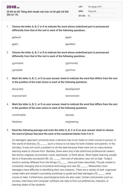 20 Đề ôn thi Tiếng Anh chuẩn cấu trúc có lời giải chi tiết (Đề số 14)