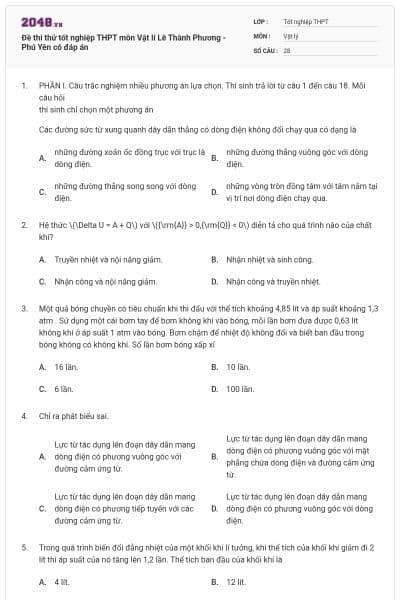 Đề thi thử tốt nghiệp THPT môn Vật lí Lê Thành Phương - Phú Yên có đáp án