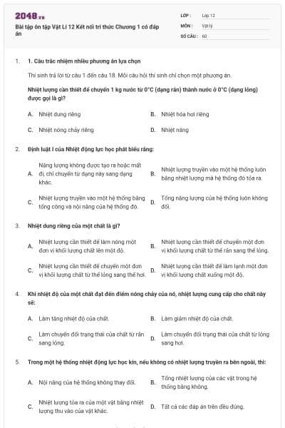 Bài tập ôn tập Vật Lí 12 Kết nối tri thức Chương 1 có đáp án