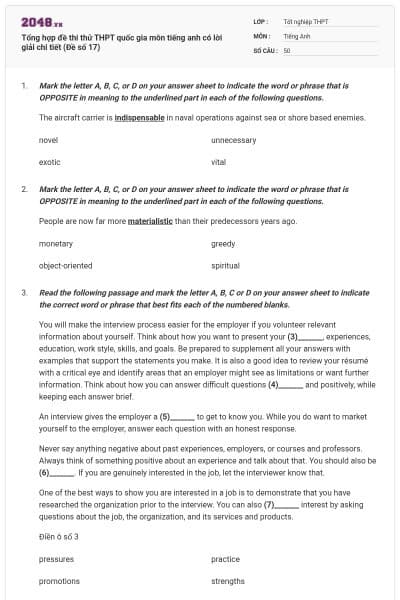 Tổng hợp đề thi thử THPT quốc gia môn tiếng anh có lời giải chi tiết (Đề số 17)