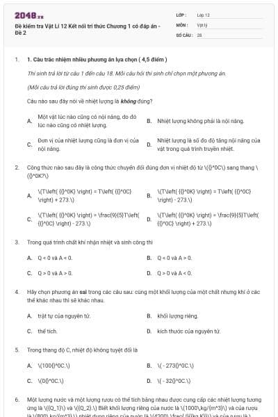 Đề kiểm tra Vật Lí 12 Kết nối tri thức Chương 1 có đáp án - Đề 2