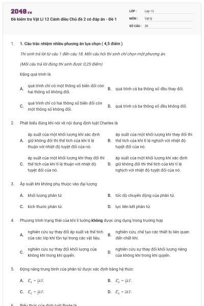 Đề kiểm tra Vật Lí 12 Cánh diều Chủ đề 2 có đáp án - Đề 1