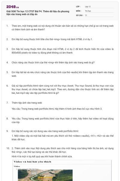 Giải SGK Tin học 12 CTST Bài F4. Thêm dữ liệu đa phương tiện vào trang web có đáp án