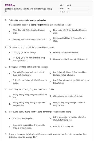 Bài tập ôn tập Vật Lí 12 Kết nối tri thức Chương 3 có đáp án