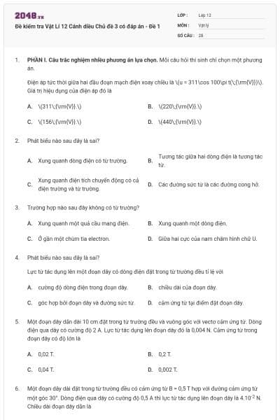 Đề kiểm tra Vật Lí 12 Cánh diều Chủ đề 3 có đáp án - Đề 1