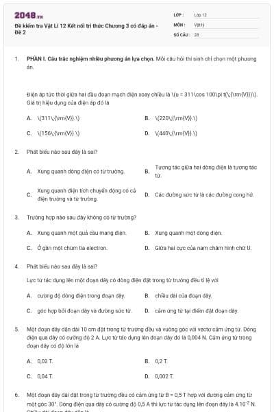 Đề kiểm tra Vật Lí 12 Kết nối tri thức Chương 3 có đáp án - Đề 2