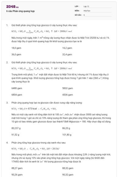 6 câu Phản ứng quang hợp