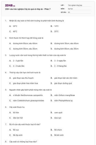 200+ câu trắc nghiệm Cây ăn quả có đáp án - Phần 7