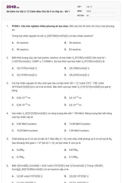 Đề kiểm tra Vật Lí 12 Cánh diều Chủ đề 4 có đáp án - Đề 1
