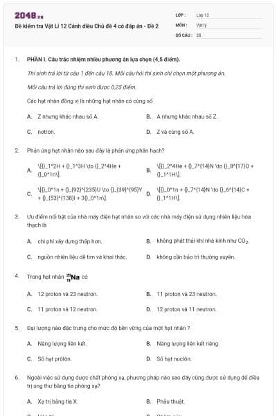 Đề kiểm tra Vật Lí 12 Cánh diều Chủ đề 4 có đáp án - Đề 2