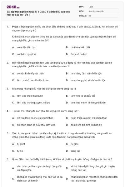 Bài tập trắc nghiệm Giữa kì 1 GDCD 8 Cánh diều cấu trúc mới có đáp án - Đề 1