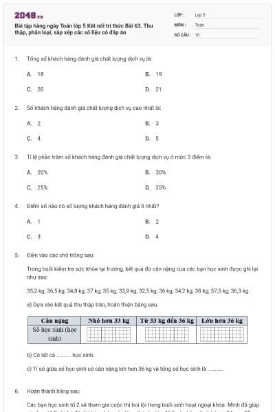 Bài tập hàng ngày Toán lớp 5 Kết nối tri thức Bài 63. Thu thập, phân loại, sắp xếp các số liệu có đáp án