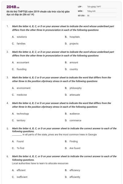 Đề thi thử THPTQG năm 2019 chuẩn cấu trúc của bộ giáo dục có đáp án (Đề số 14)