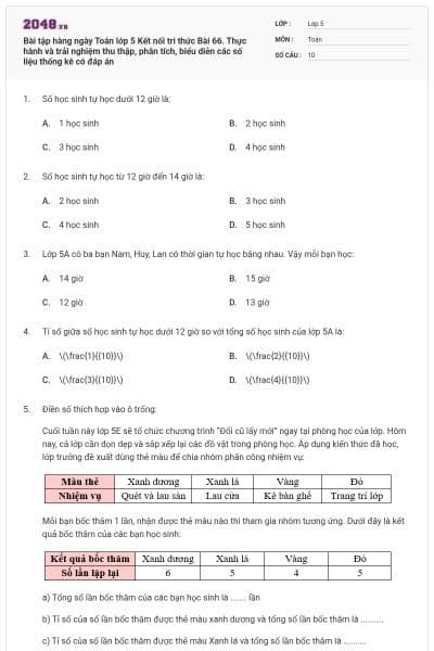 Bài tập hàng ngày Toán lớp 5 Kết nối tri thức Bài 66. Thực hành và trải nghiệm thu thập, phân tích, biểu diễn các số liệu thống kê có đáp án