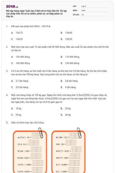 Bài tập hàng ngày Toán lớp 5 Kết nối tri thức Bài 69. Ôn tập các phép tính với số tự nhiên, phân số, số thập phân có đáp án