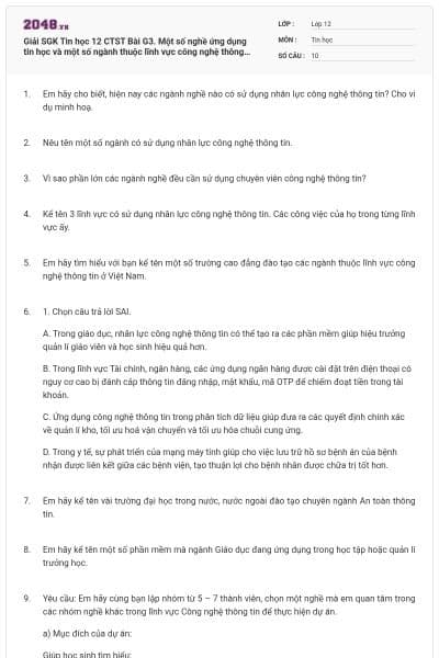 Giải SGK Tin học 12 CTST Bài G3. Một số nghề ứng dụng tin học và một số ngành thuộc lĩnh vực công nghệ thông tin có đáp án