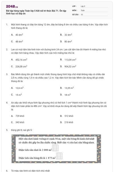 Bài tập hàng ngày Toán lớp 5 Kết nối tri thức Bài 71. Ôn tập hình học có đáp án