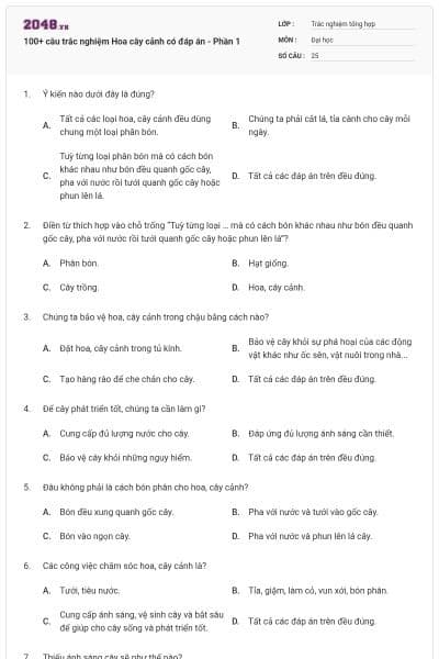 100+ câu trắc nghiệm Hoa cây cảnh có đáp án - Phần 1