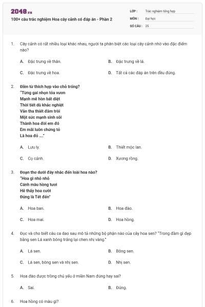 100+ câu trắc nghiệm Hoa cây cảnh có đáp án - Phần 2
