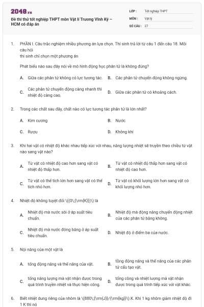 Đề thi thử tốt nghiệp THPT môn Vật lí Trương Vĩnh Ký – HCM có đáp án