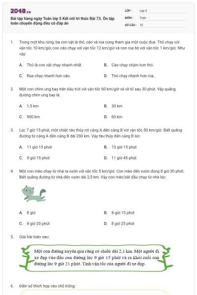 Bài tập hàng ngày Toán lớp 5 Kết nối tri thức Bài 73. Ôn tập toán chuyển động đều có đáp án