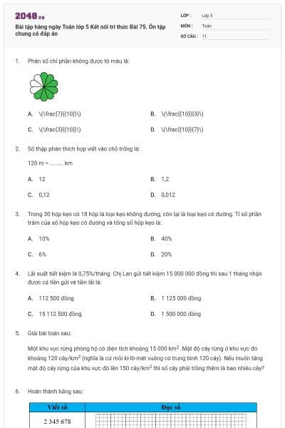 Bài tập hàng ngày Toán lớp 5 Kết nối tri thức Bài 75. Ôn tập chung có đáp án