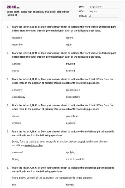 20 Đề ôn thi Tiếng Anh chuẩn cấu trúc có lời giải chi tiết (Đề số 15)