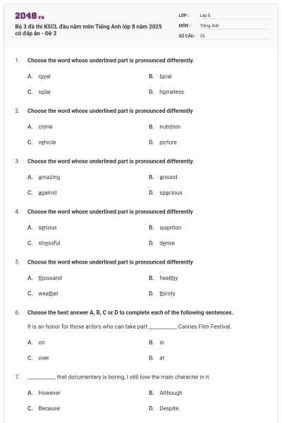 Bộ 3 đề thi KSCL đầu năm môn Tiếng Anh lớp 8 năm 2025 có đáp án - Đề 3