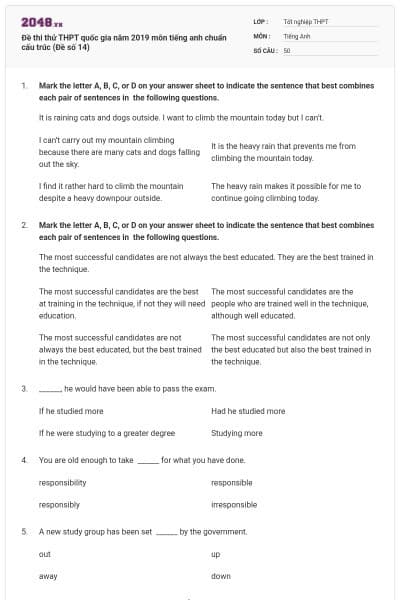 Đề thi thử THPT quốc gia năm 2019 môn tiếng anh chuẩn cấu trúc (Đề số 14)