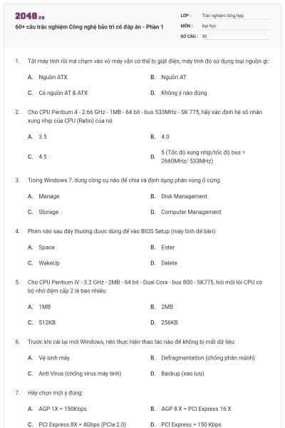 60+ câu trắc nghiệm Công nghệ bảo trì có đáp án - Phần 1