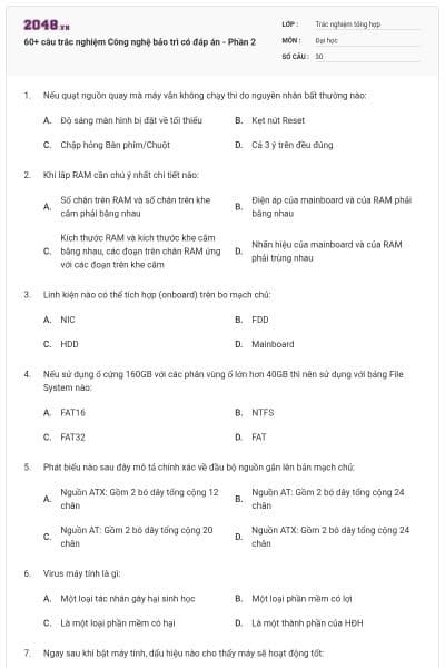 60+ câu trắc nghiệm Công nghệ bảo trì có đáp án - Phần 2