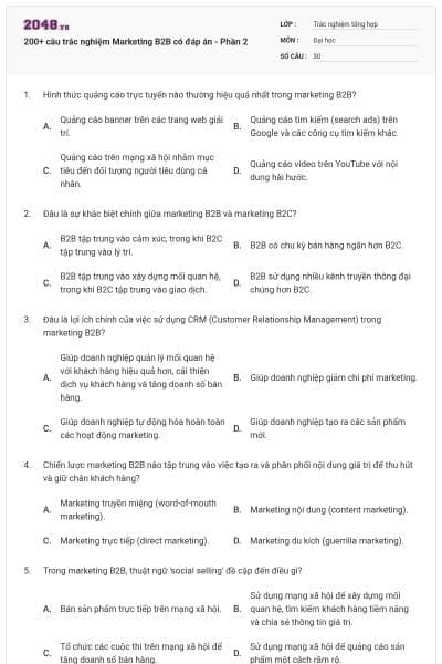 200+ câu trắc nghiệm Marketing B2B có đáp án - Phần 2
