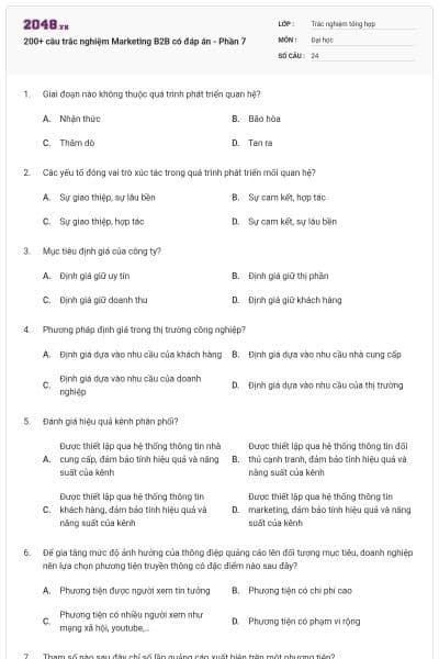 200+ câu trắc nghiệm Marketing B2B có đáp án - Phần 7