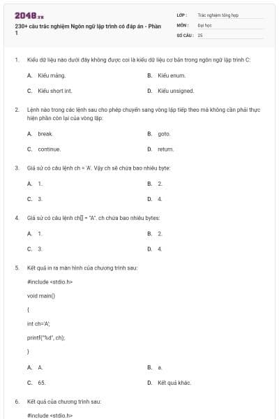 230+ câu trắc nghiệm Ngôn ngữ lập trình có đáp án - Phần 1
