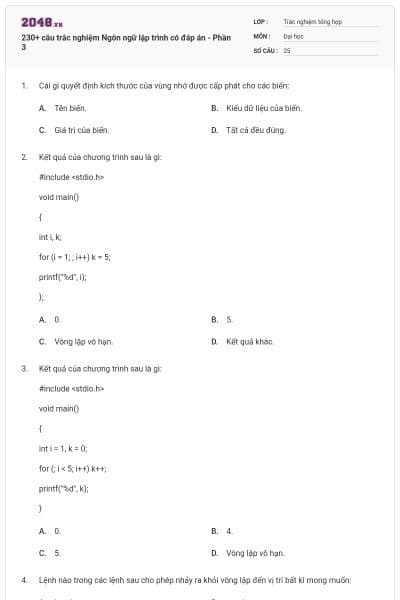 230+ câu trắc nghiệm Ngôn ngữ lập trình có đáp án - Phần 3