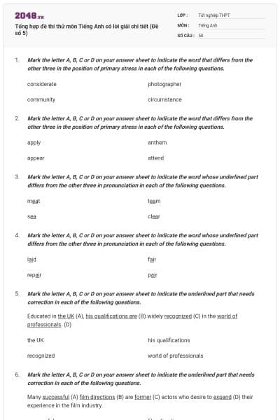 Tổng hợp đề thi thử môn Tiếng Anh có lời giải chi tiết (Đề số 5)